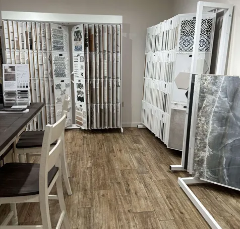 Tile and LVP display room with wood-look flooring installed
